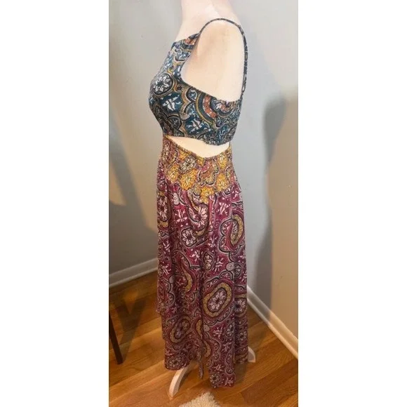 Anthropologie Cutout Smocked Midi Dress Size S Mixed Paisley Medallion Blue Pink - Picture 5 of 11